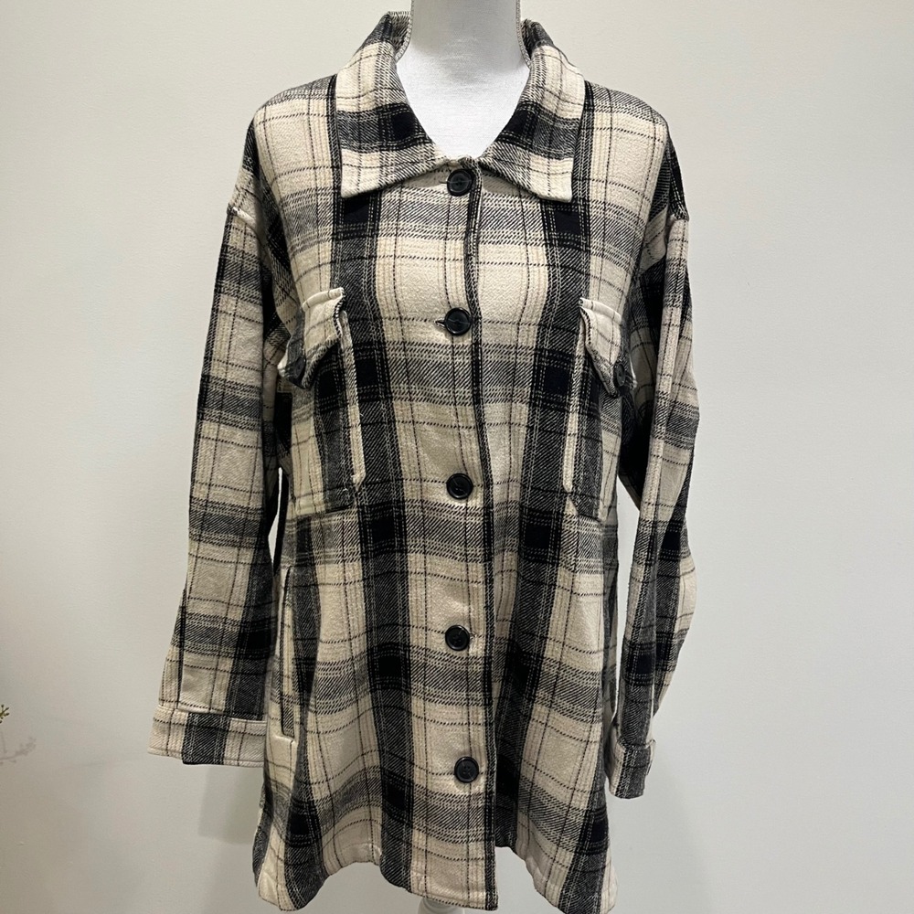 NWT Lucky Brand Plaid Shacket Women XL Cream Black Cotton Oversized Grunge